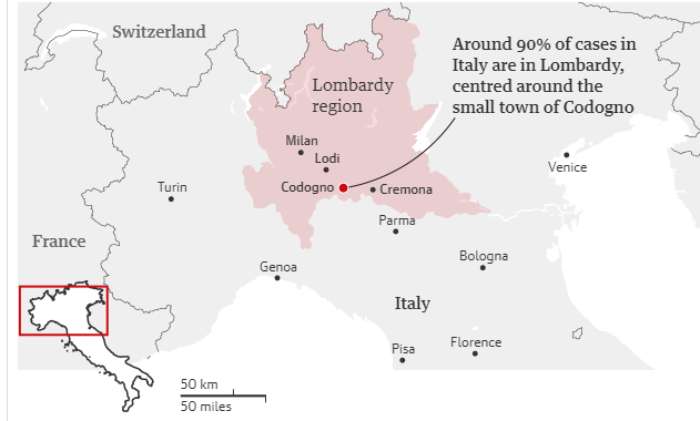 Охоплені коронавірусом регіони Італії